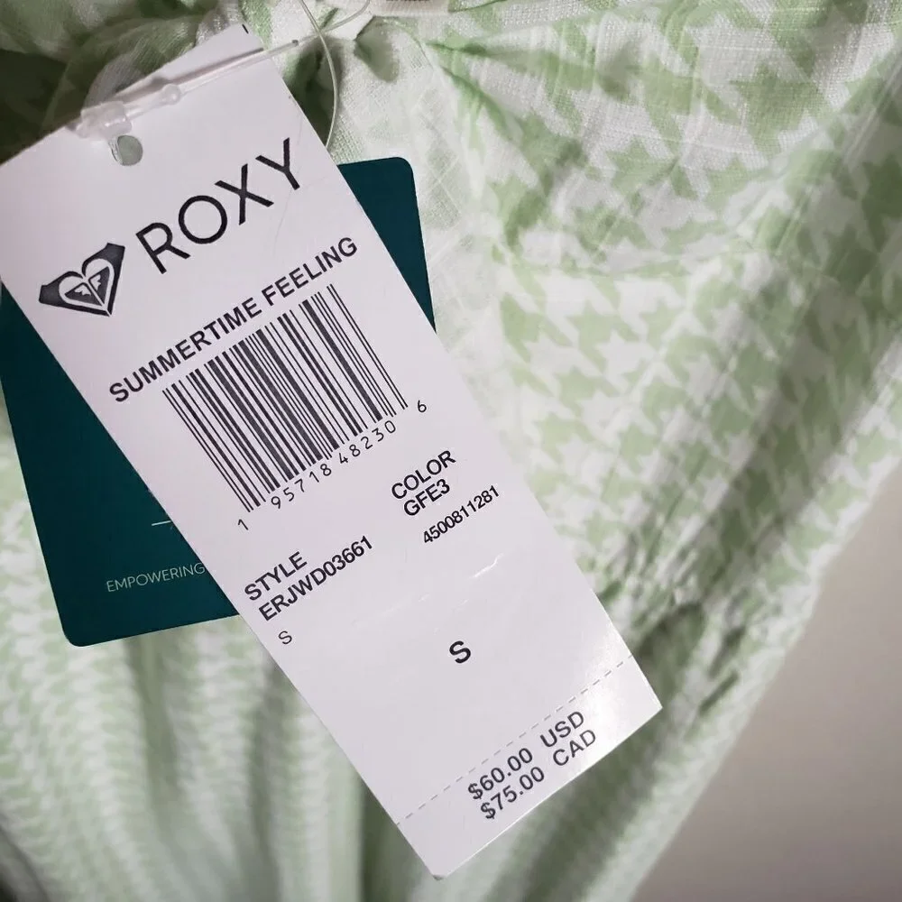 Roxy Summertime Feeling Smocked Midi Dress Houndstooth Green/White Sz Small NEW - Picture 10 of 12